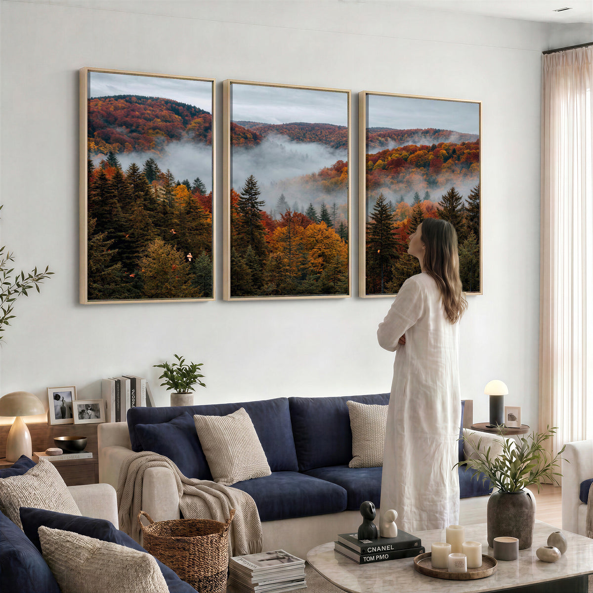 26686263-_Poster-30x20 - Misty Autumn Forest Mountain Canvas Print 3 Panel Wall Art Gallery Wrapped Floating Frame Poster Made in USA