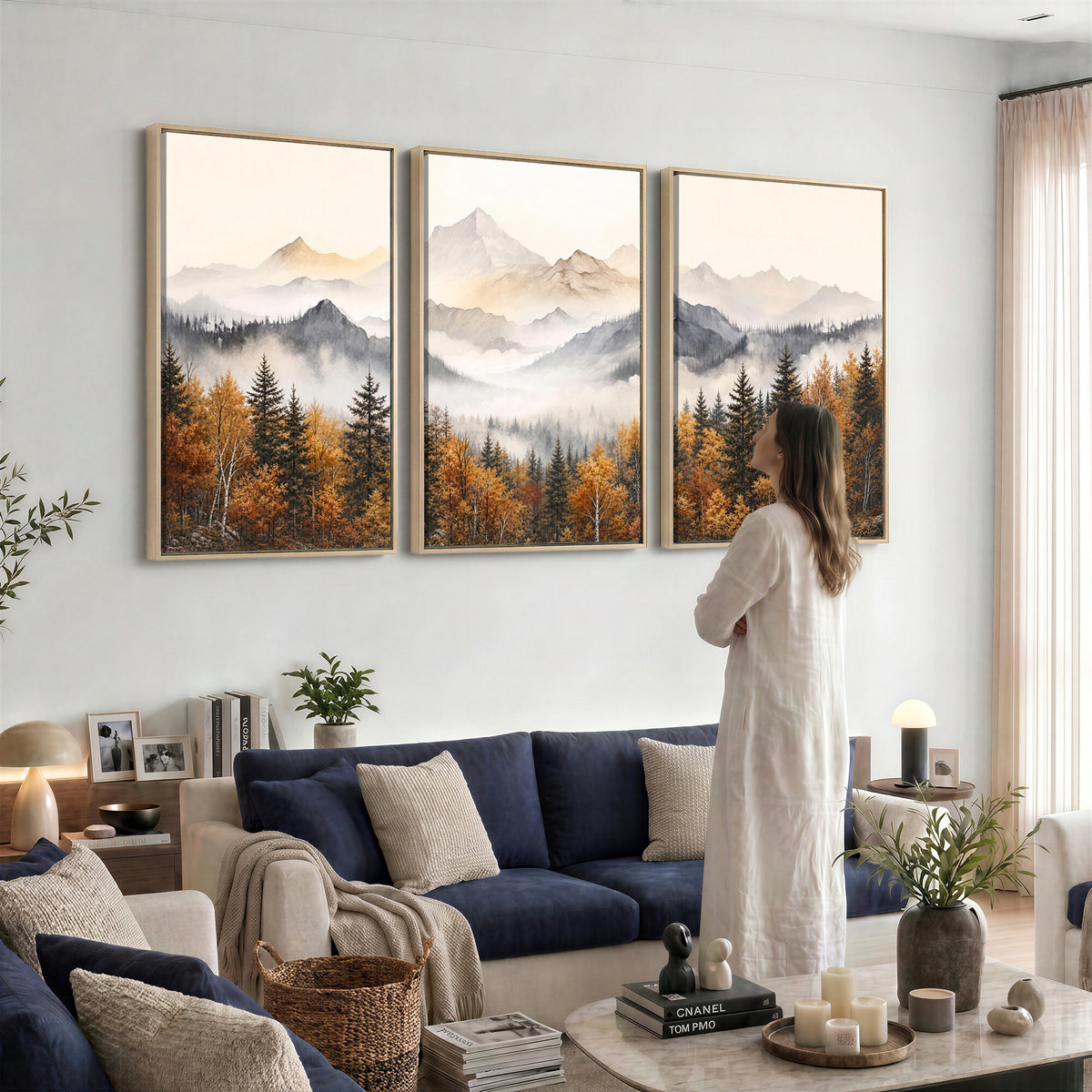 19544118-MGV-TP-30X20 - Misty Mountain Autumn Forest Canvas Wall Art - Watercolor Fall Nature Landscape Print