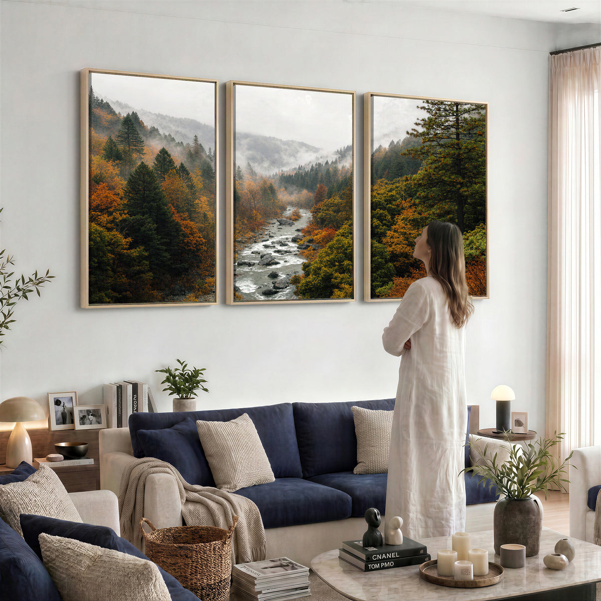 95540697-MGV-TP-30X20 - Misty River Mountain Valley Canvas Wall Art - Autumn Forest Landscape Nature Print