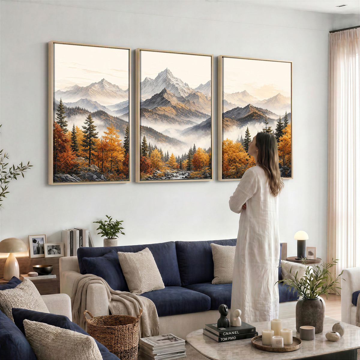 21309099-MGV-TP-30X20 - Extra Large Misty Mountain Autumn Forest Canvas Wall Art - Watercolor Fall Nature Landscape Print