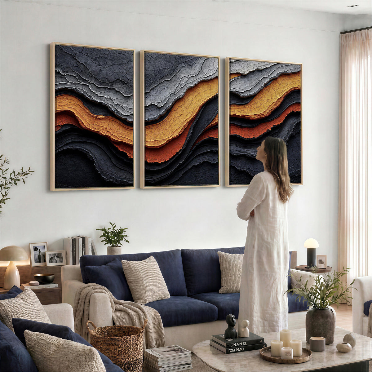 59852489-MGV-CV-36X24 - Abstract Waves Canvas Wall Art - Modern Terracotta and Charcoal Gray Print