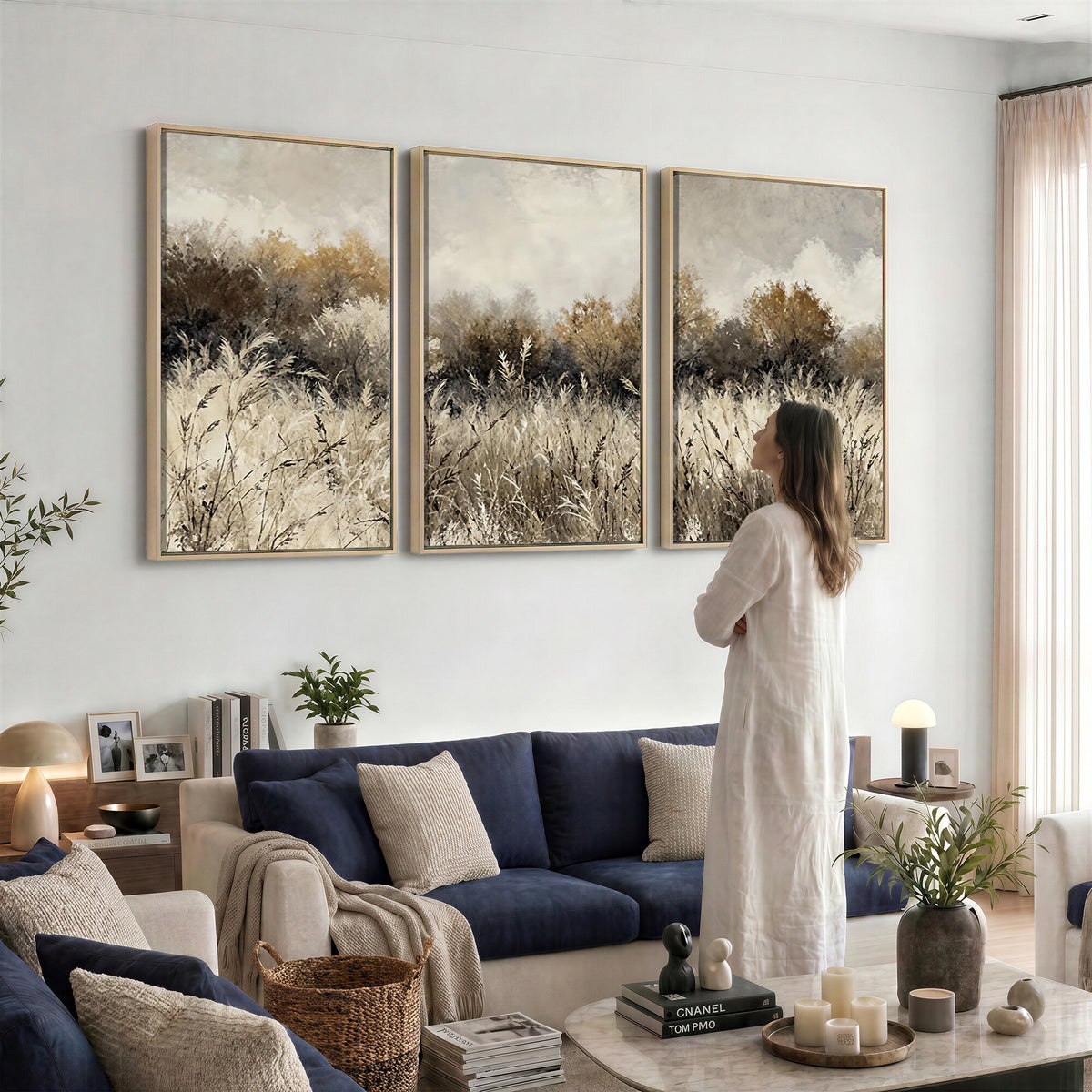 53959945-MGV-TP-30X20 - Muted Neutral Forest Landscape Canvas Wall Art - Vintage Rustic Wildflower Meadow Print