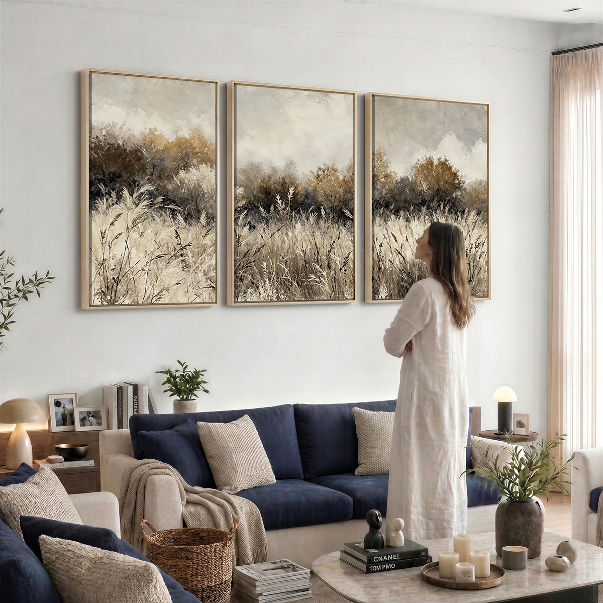 53959945-_Poster-30x20 - Muted Neutral Forest Landscape Canvas Wall Art - Vintage Rustic Wildflower Meadow Print