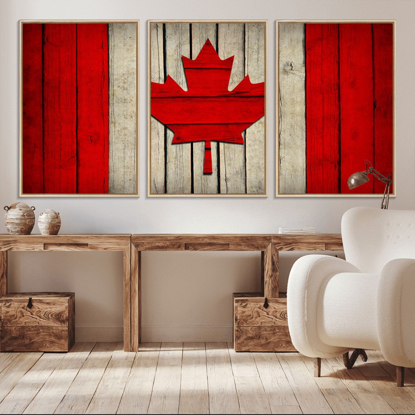 22674-MGV-FC-60X30-3P_Natural-Rustic Canada Flag Wall Art – Framed Canadian Flag Canvas Print, Vintage Wood Texture Home or Office Decor