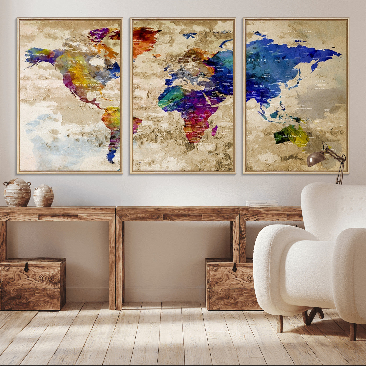 92939-MGV-CV-36X24-Colorful World Map Canvas Wall Art – Abstract Watercolor Map Print, Modern Travel Decor for Home Office or Study