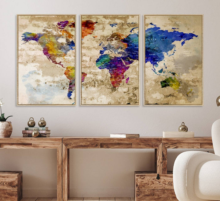 Watercolor World Map Canvas Print with gallery-wrapped edges.