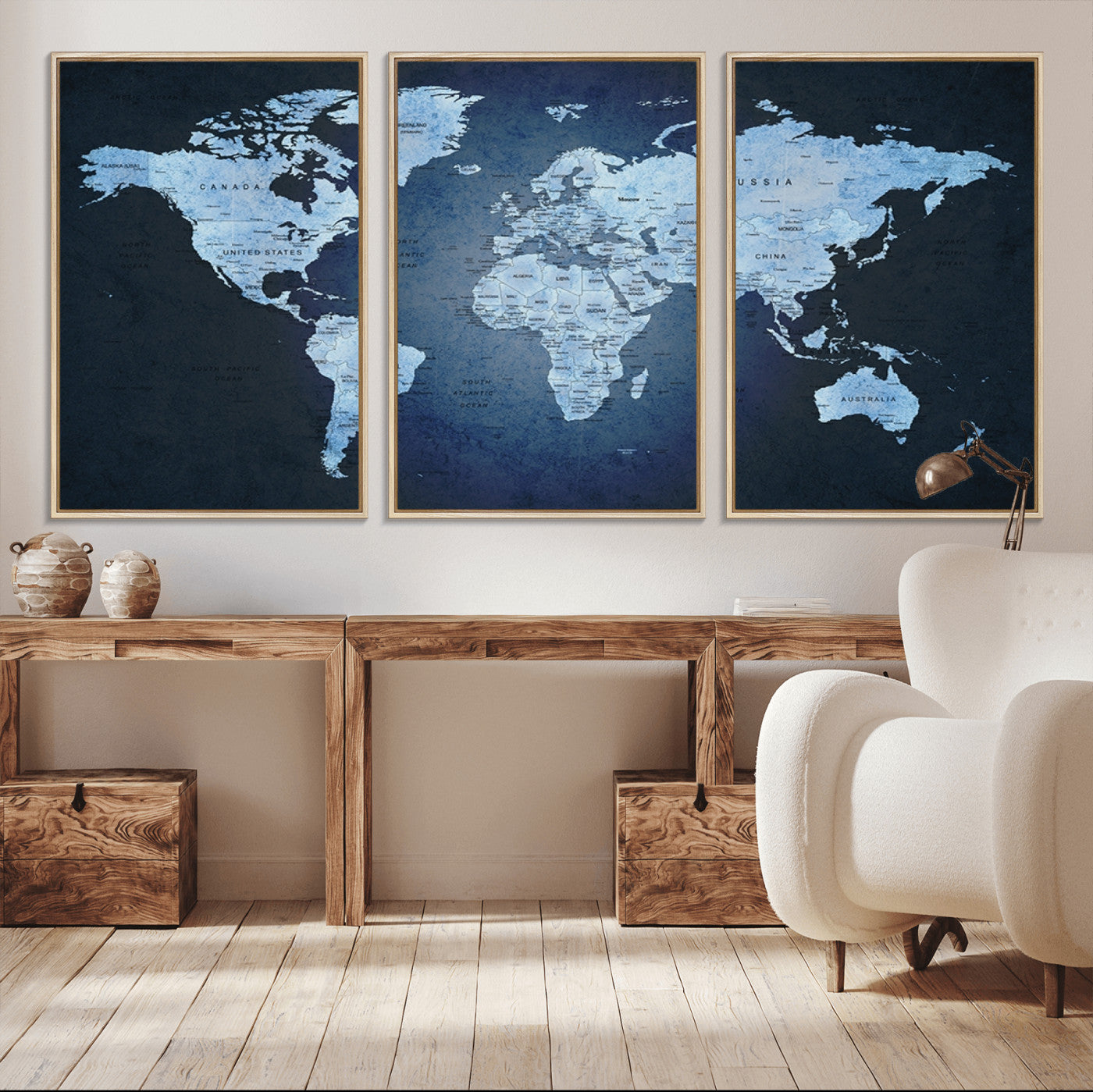 26249-MGV-FC-60X30-3P_Natural-Blue World Map Canvas Wall Art – Framed Modern Push Pin Travel Map for Home and Office Decor, Elegant Navy Global Wall Artwork for Travelers