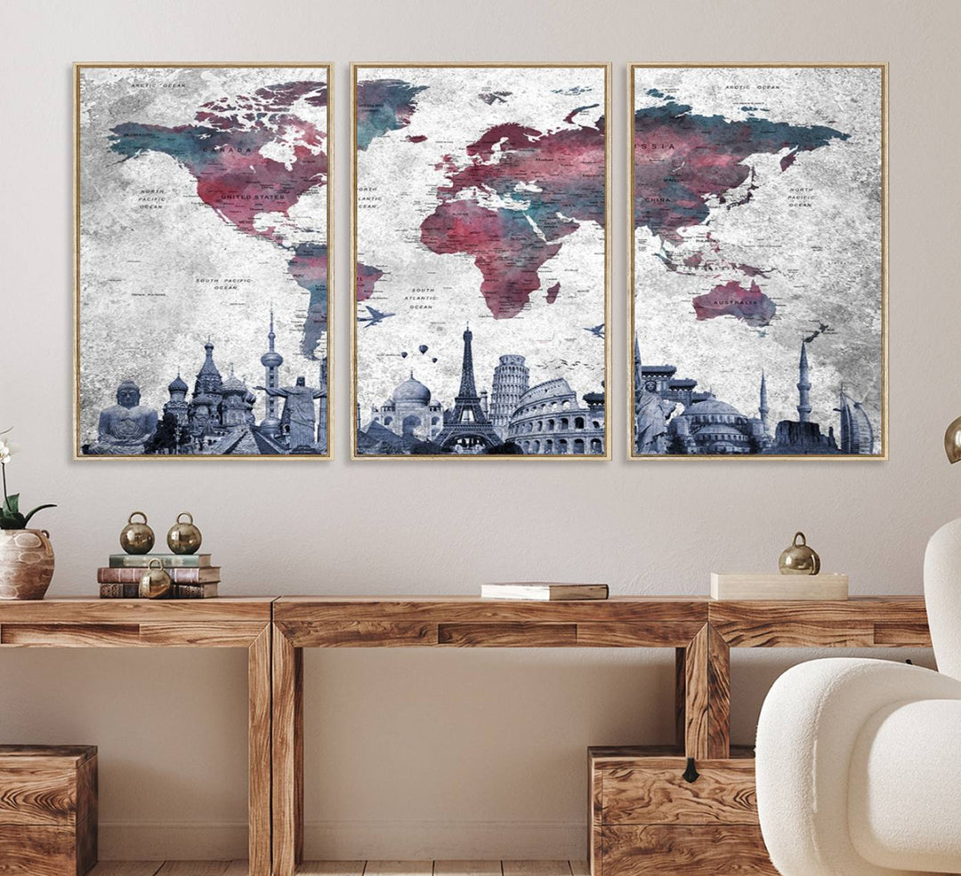 The dining room features a Blue Multipanel World Map Wall Art Canvas Print that adorns the wall, highlighting its neutral decor.