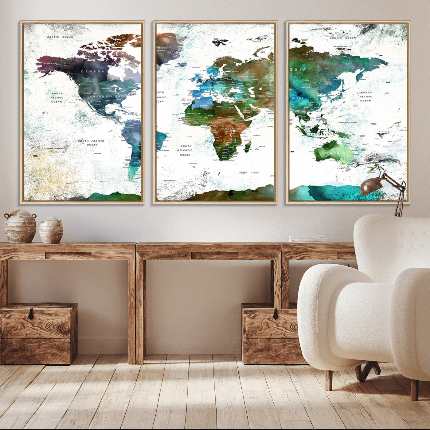 13140-MGV-CV-36X24-Modern Watercolor World Map Canvas Wall Art – Framed Abstract Map Print, Contemporary Travel Artwork for Elegant Home and Office Decor