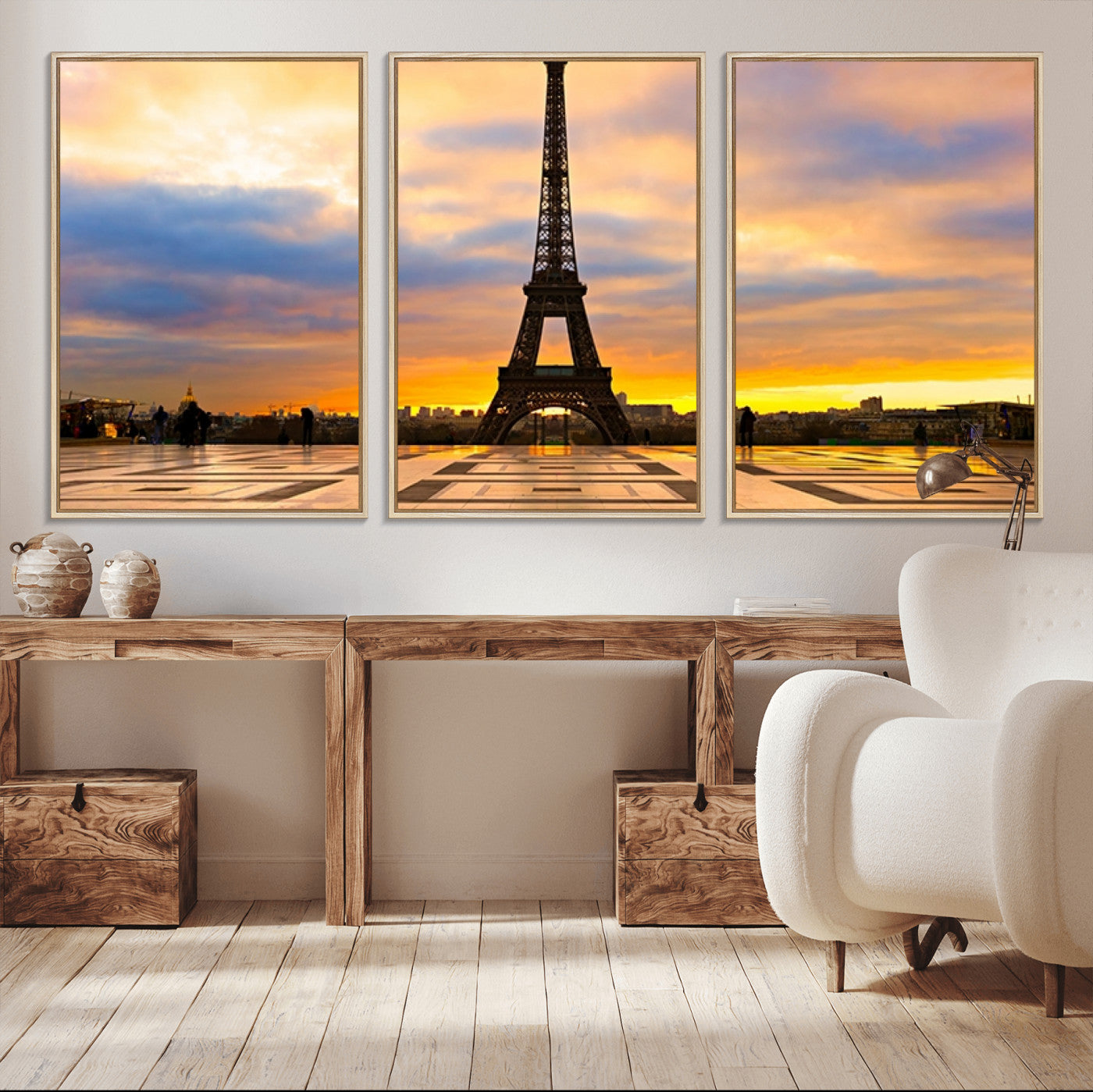 MGV-FC-60X30-3P - Paris Eiffel Tower Sunset Canvas Wall Art Print - Iconic Landmark Decor with Vibrant Colors
