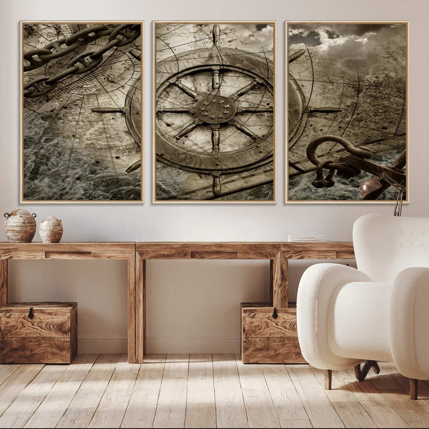 98180-MGV-CV-36X24-Wooden Ship Wheel Canvas Print, Multi Panel Canvas Wall Art Print