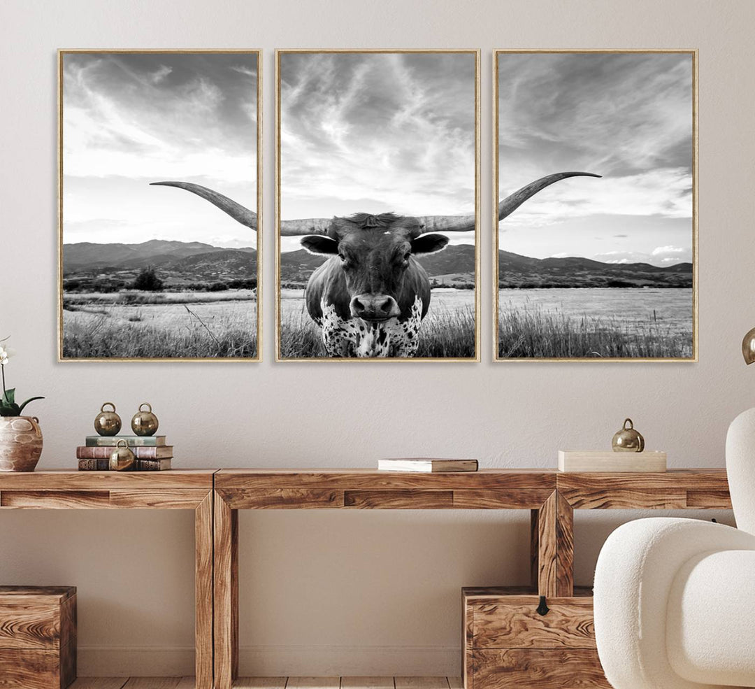 Longhorn Cow Wall Art Canvas Print Farmhouse Wall Art - Texas Longhorn Wall Art Print