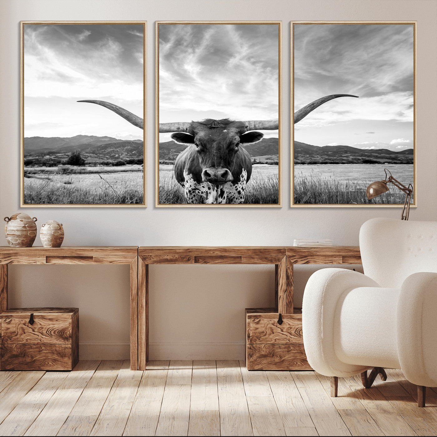 MGV-FC-60X30-3P - Longhorn Cow Wall Art Canvas Print Farmhouse Wall Art - Texas Longhorn Wall Art Print