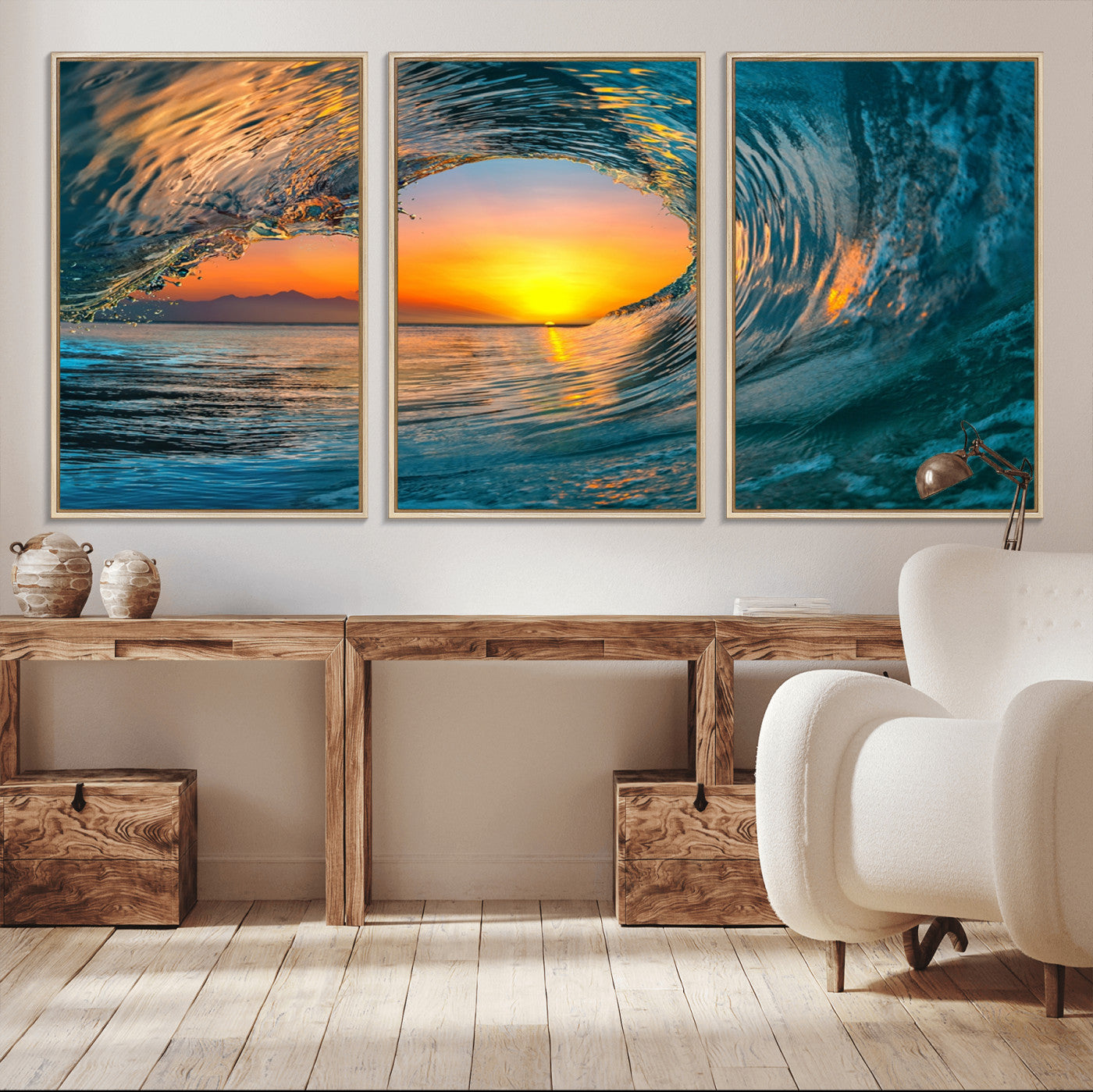 84279-MGV-FC-60X30-3P_Natural-Ocean Wave Sunset Wall Art | Large Coastal Wave Canvas Print | 3-Panel Ocean Sunset Seascape for