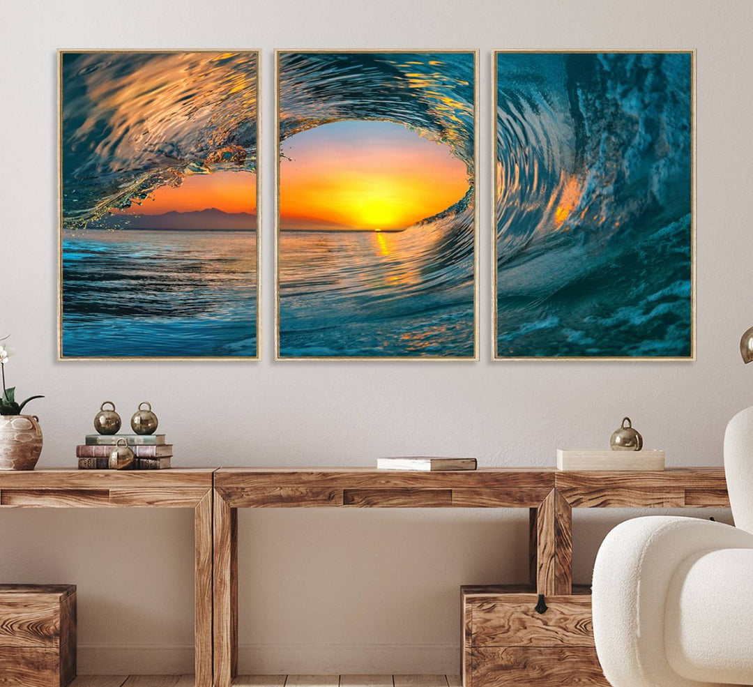 The Ocean Wave Sunset Wall Art canvas print features a vibrant ocean wave at sunset, forming a tunnel with silhouetted mountains.