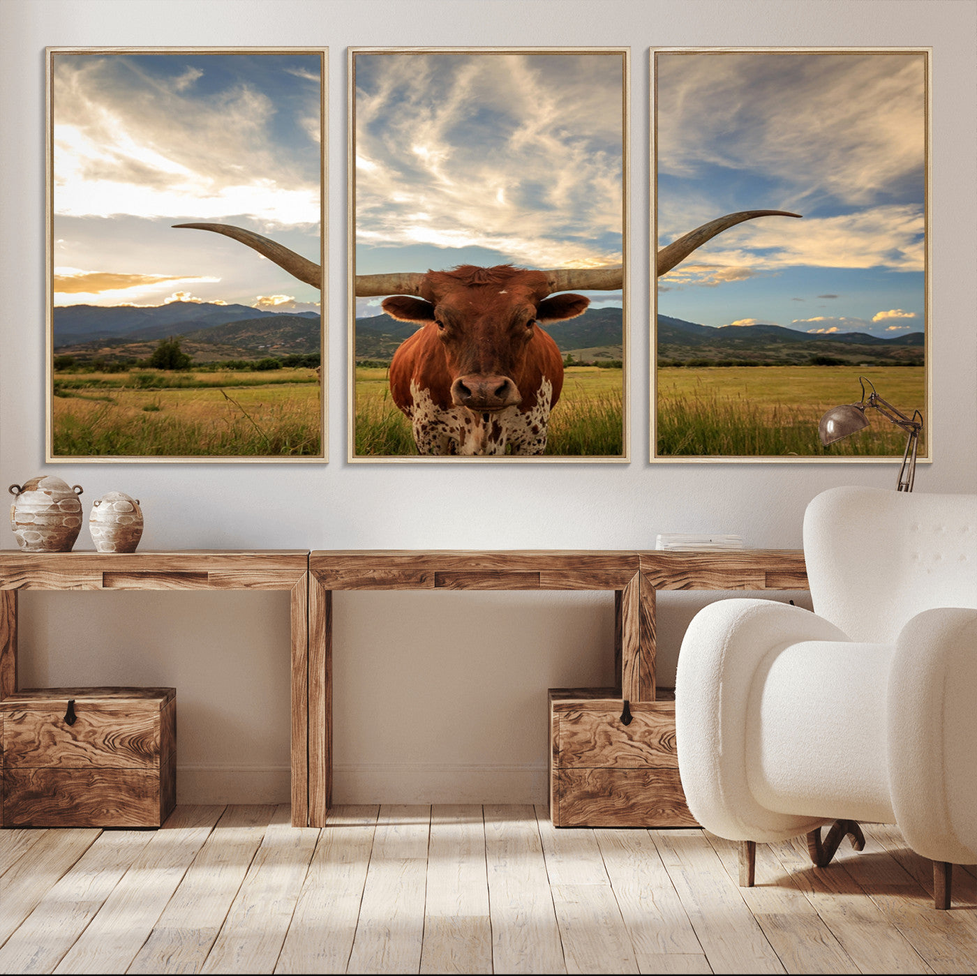 55416-MGV-CV-36X24-Texas Longhorn Canvas Wall Art – Majestic Triptych Animal Print – Rustic Western Decor for Living