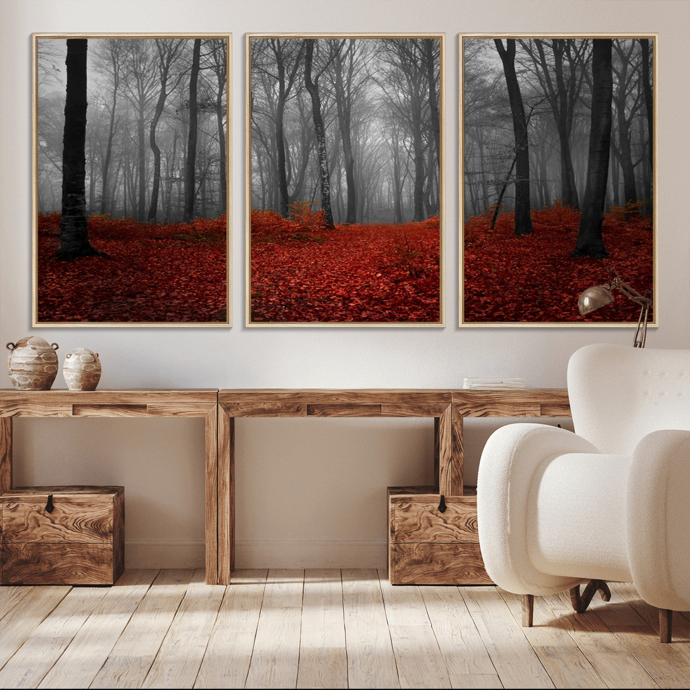 38804-MGV-CV-36X24-Red Forest Floor Canvas Wall Art – Mystical Foggy Woodland Triptych – Nature-Inspired Decor for