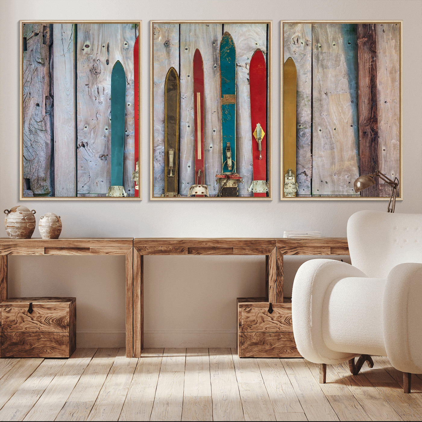 MGV-FC-60X30-3P - Vintage Wooden Weathered Ski's in Front of an Old Barn Wall Art Canvas Print for Farmhouse, Cabin