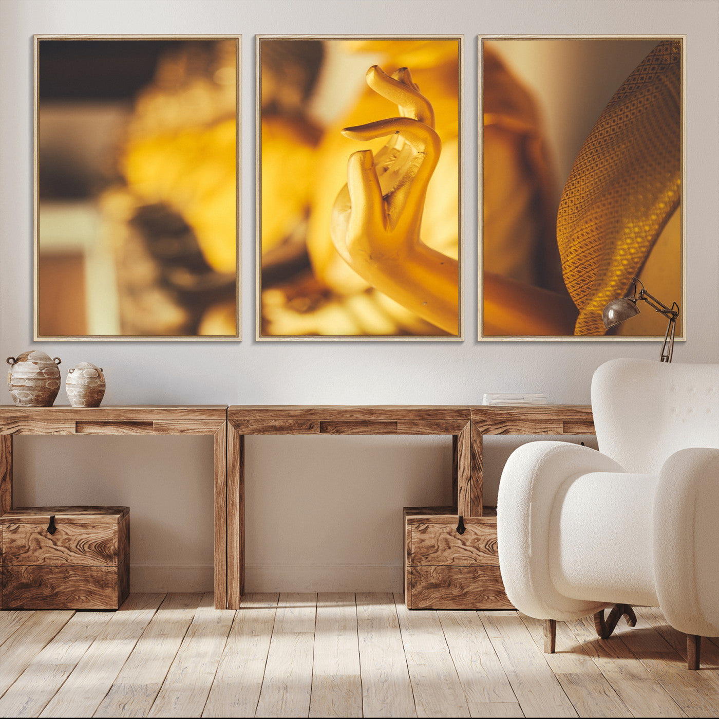 30728-MGV-FC-60X30-3P_Natural-Gold Buddha Statue Hands Wall Art Canvas Print