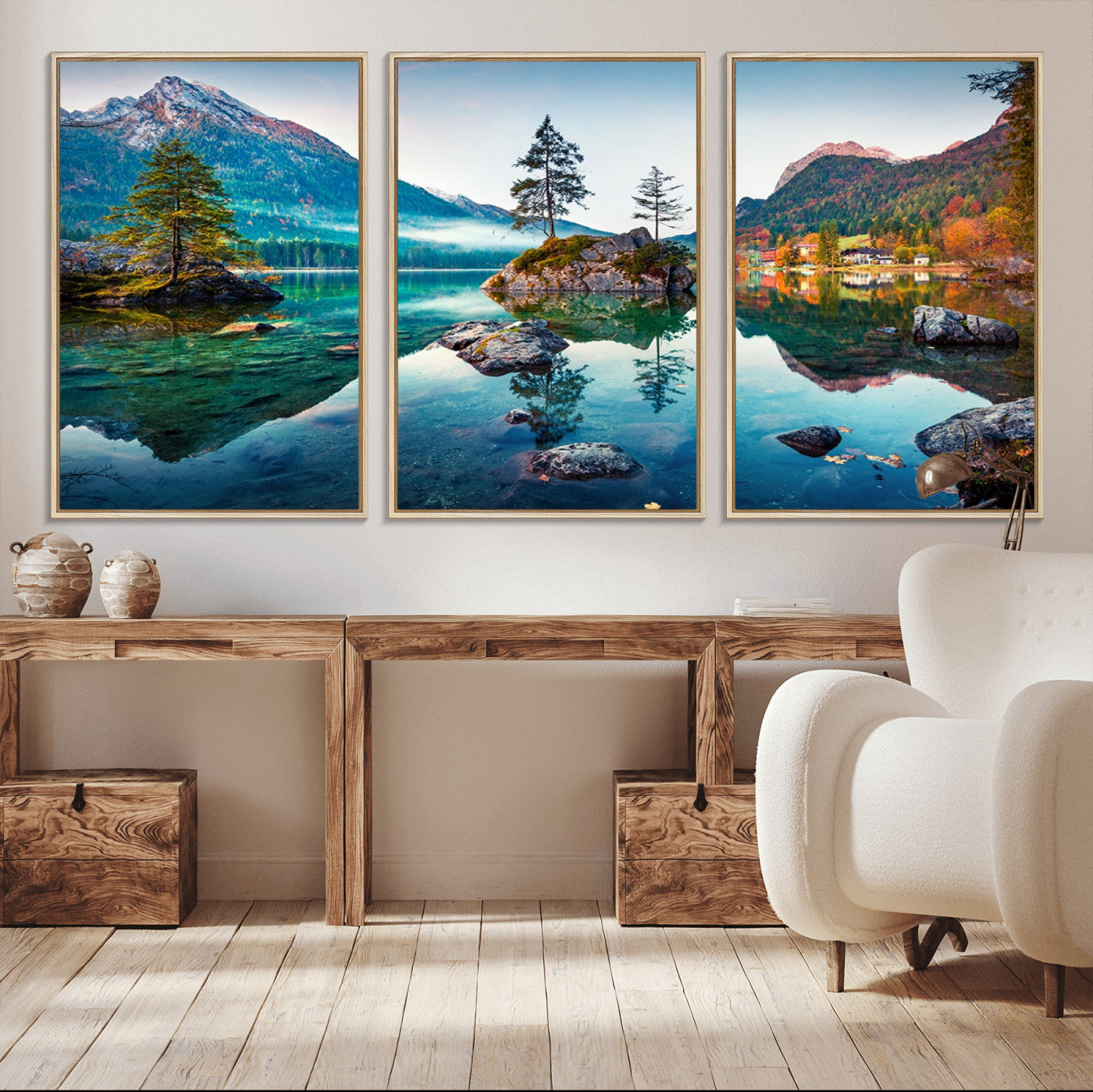MGV-FC-60X30-3P - Crystal Clear Lake Wall Art | Mountains Wall Art Canvas | 3 Panel Large Landscape Print for Dining