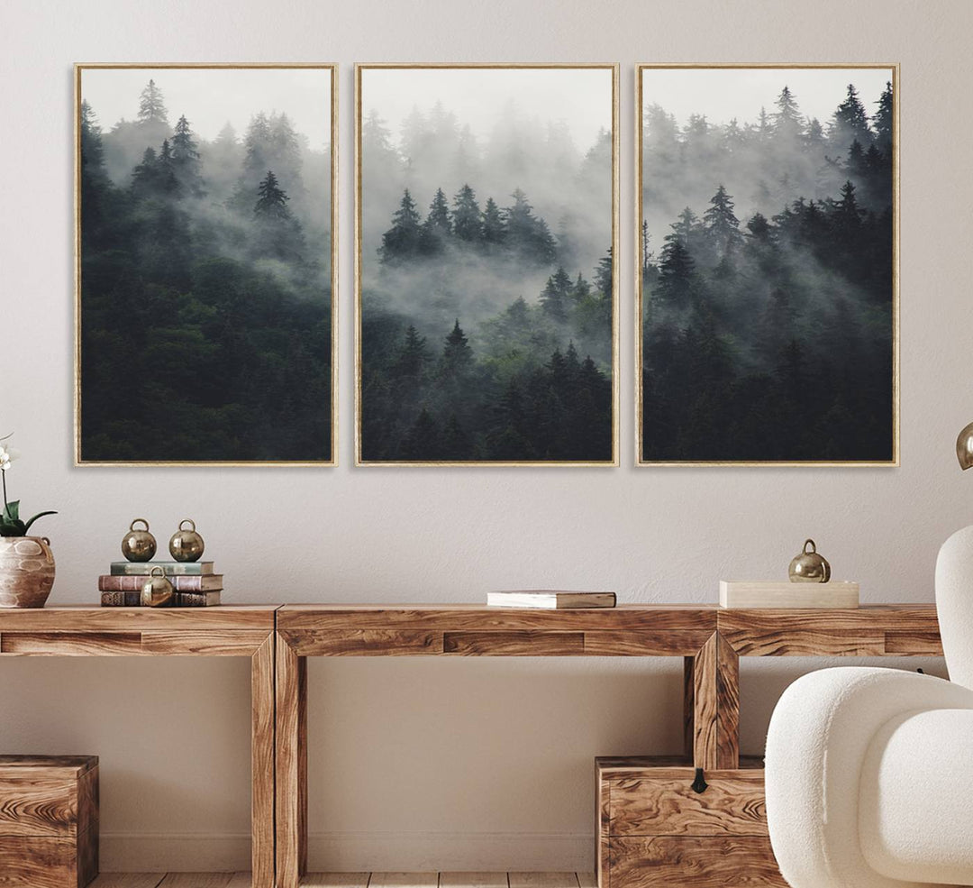 The Serene Triptych Print features tall evergreens, creating a mysterious and calming atmosphere.