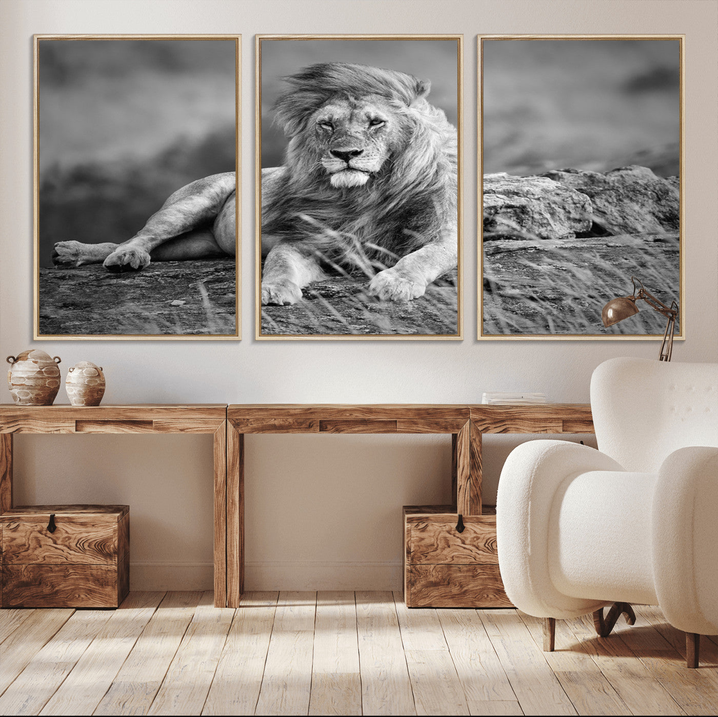 68679-MGV-CV-36X24-King Forest Lion Wall Art Canvas Print – Framed Majestic Wildlife Scene with Regal Lion Artwork for Home, Office