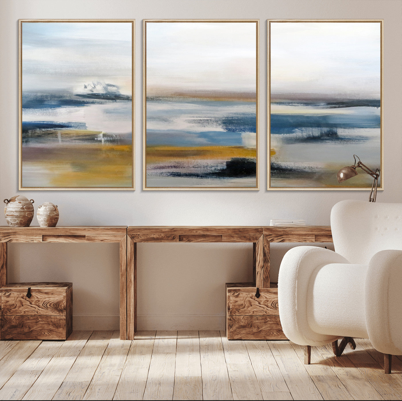 95919-MGV-CV-36X24-Abstract Landscape Wall Art Canvas | 3 Panel Modern Blue, Gold, and White Canvas Art for Living