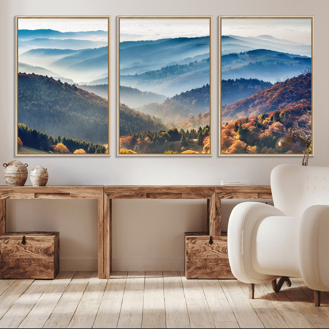 23293-MGV-CV-36X24-Misty Mountain Sunrise Triptych Canvas Print – Autumn Landscape Wall Art – Scenic Nature Decor – Ready to Hang