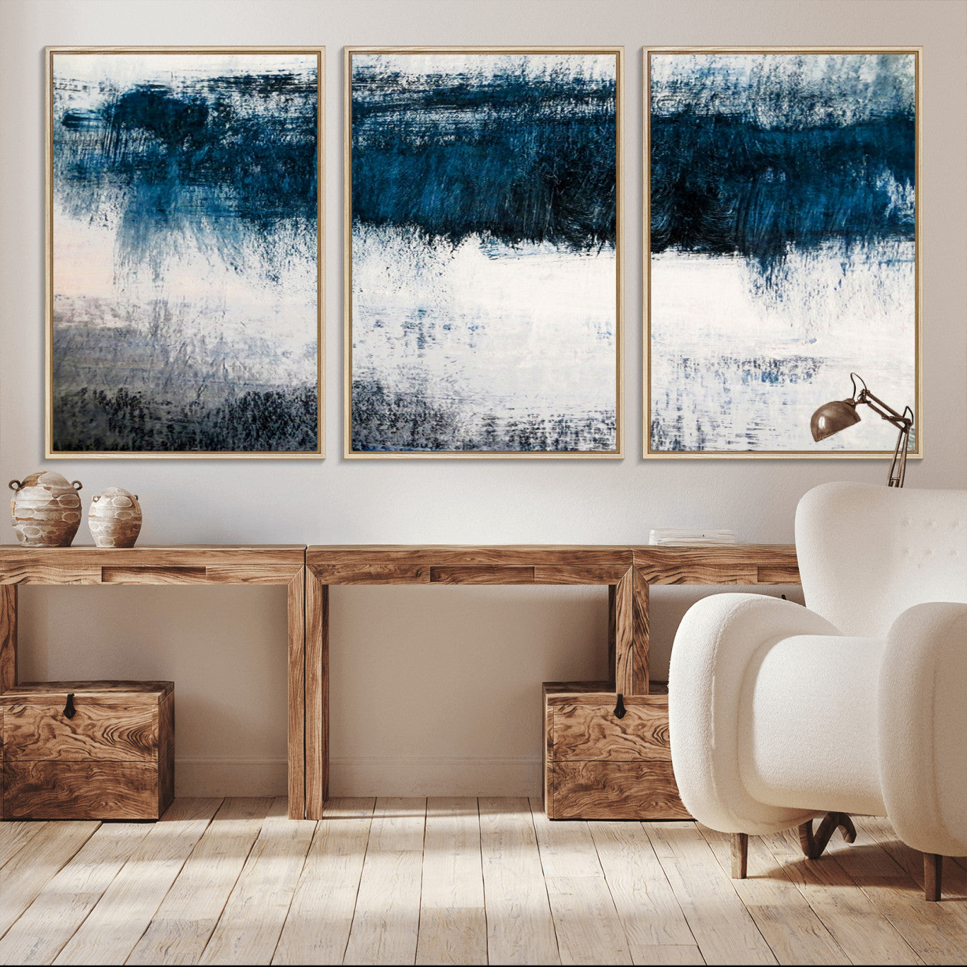 38954-MGV-CV-36X24-Abstract Blue and White Canvas Art | Large Wall Art for Modern Living Room Decor | Minimalist Brushstroke Painting on Canvas