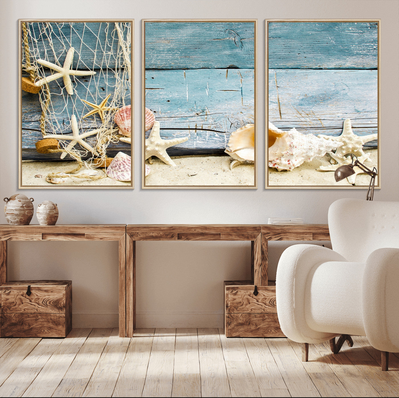 88448-MGV-CV-36X24-Seashells on Rustic Wooden Background, Seashells Wall Art Canvas Print