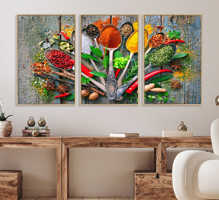 Vibrant Spoonful of Spices kitchen wall art canvas, a culinary triptych ideal for any dining room decor.