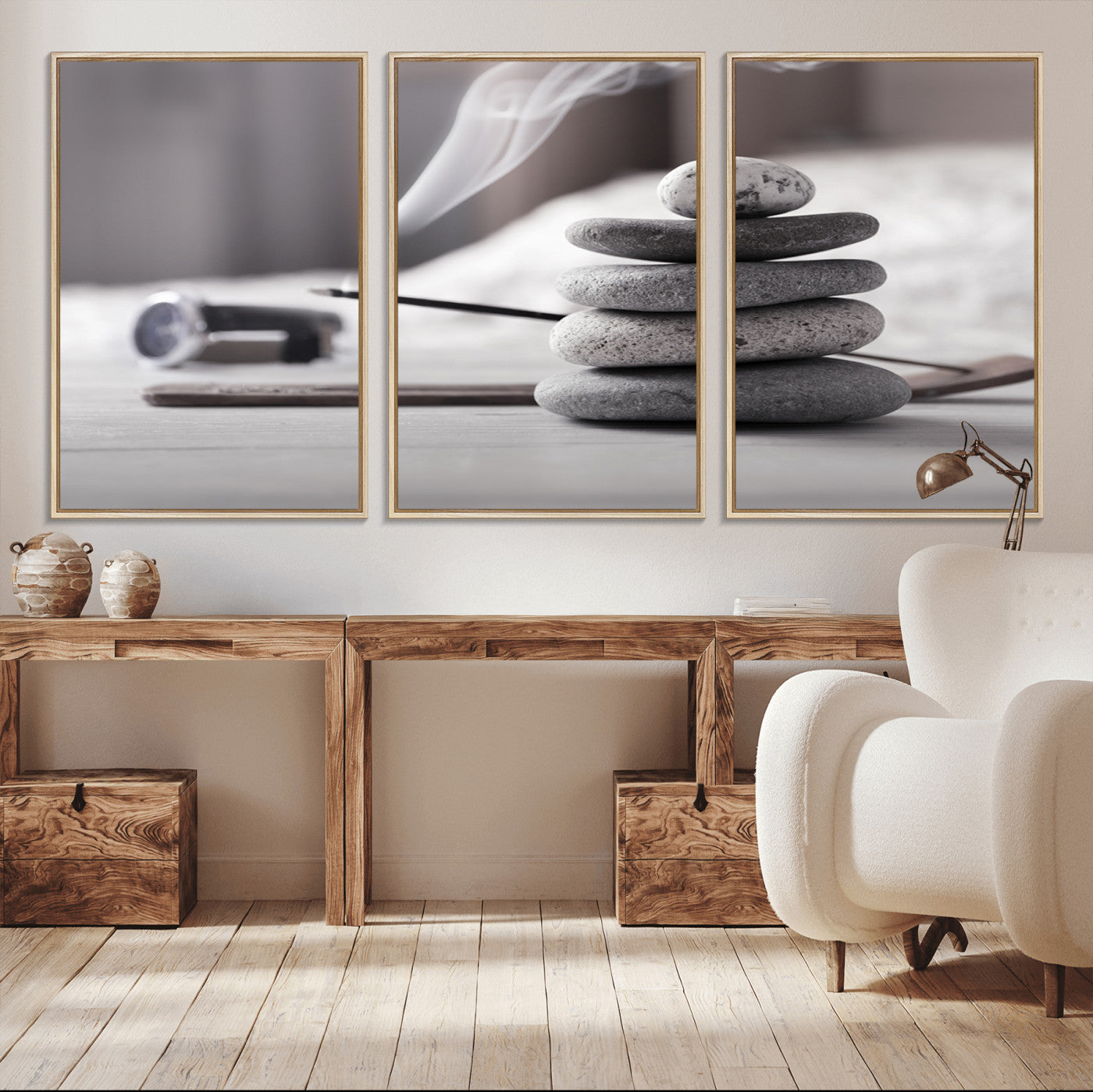 50072-MGV-CV-36X24-Burning Incense and Zen Stones Buddhism Wall Art, Zen Stones Wall Art Canvas Print