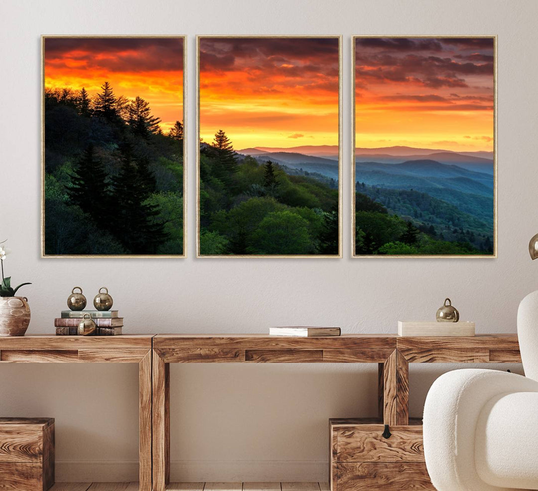 The Great Smoky Mountains Sunset Wall Art, a 3-panel print, beautifully captures natures beauty and is perfect for living room or office decor.