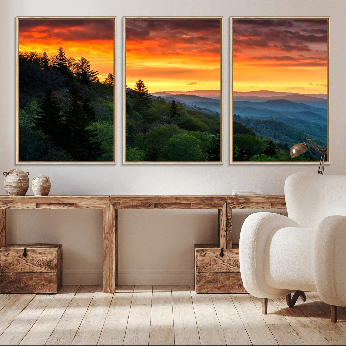 28501-MGV-CV-36X24-Great Smoky Mountains Sunset Wall Art Canvas Print | 3 Panel Large Nature Landscape Photography for