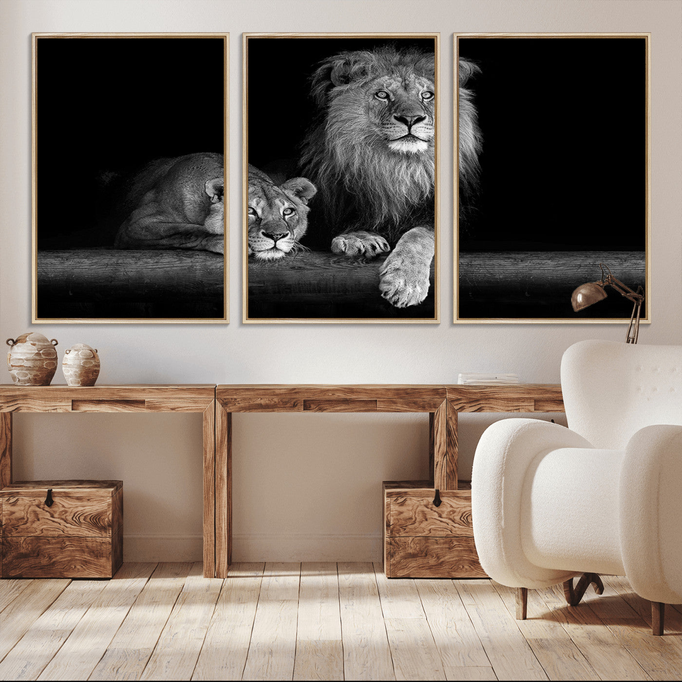 MGV-FC-60X30-3P - Large Black and White Lion Couple Wall Art Canvas Print