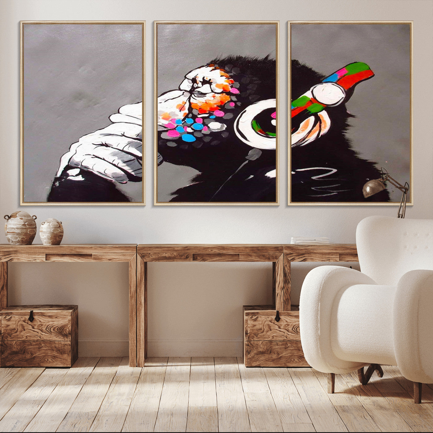 56887-MGV-CV-36X24-Dj Monkey Listening to Music Wall Art Print | Banksy Monkey Large Canvas Print for Living Room,