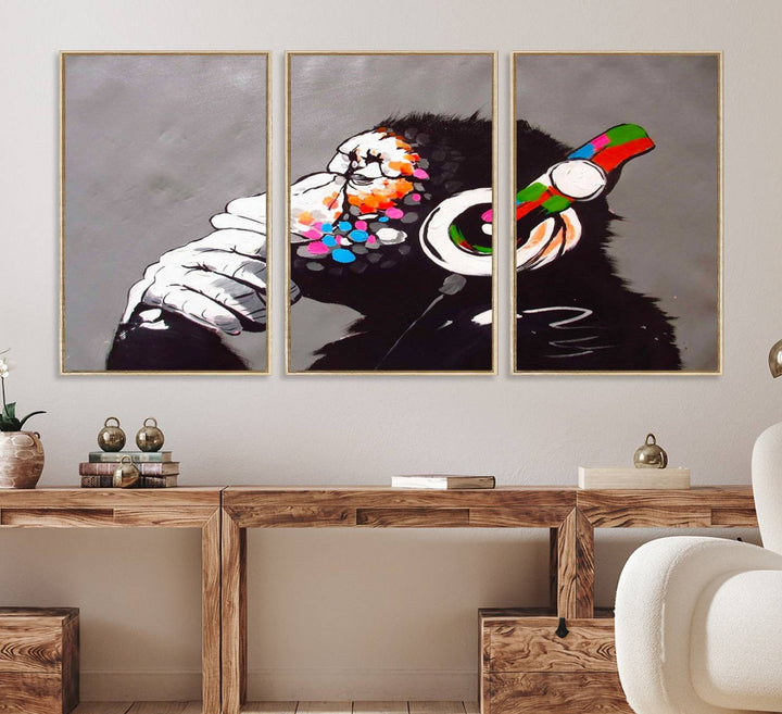 Living room showcasing DJ Monkey wall art.