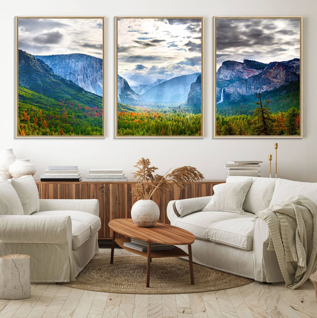 The Yosemite Park Half Dome 3 Panel Canvas Print beautifully captures the enchanting beauty of national parks with its vibrant mountain and forest scene. This large giclée landscape wall art is perfect for living rooms, offices, or bedrooms and comes ready to hang.