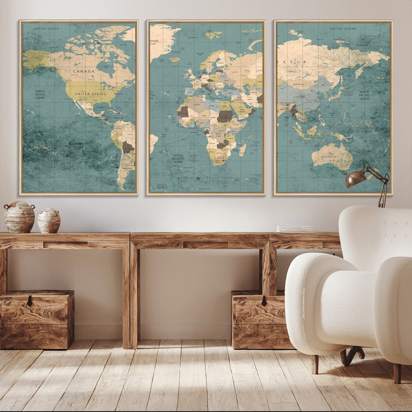 54872-MGV-CV-36X24-Classic World Map Canvas Print – Framed Vintage Map Wall Art, Retro Atlas Design for Rustic Explorer or Study Room Decor