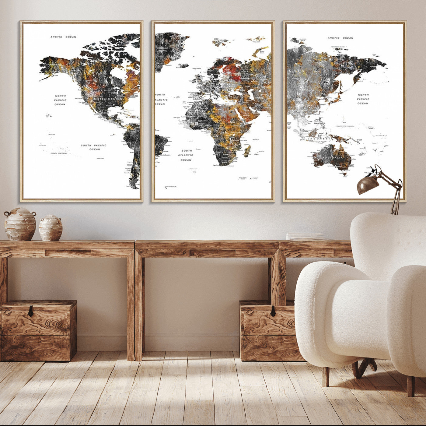 67481-MGV-CV-36X24-Modern Metallic World Map Canvas Wall Art – Framed Contemporary World Map Print, Stylish Travel Inspired Decor for Home and Office Walls