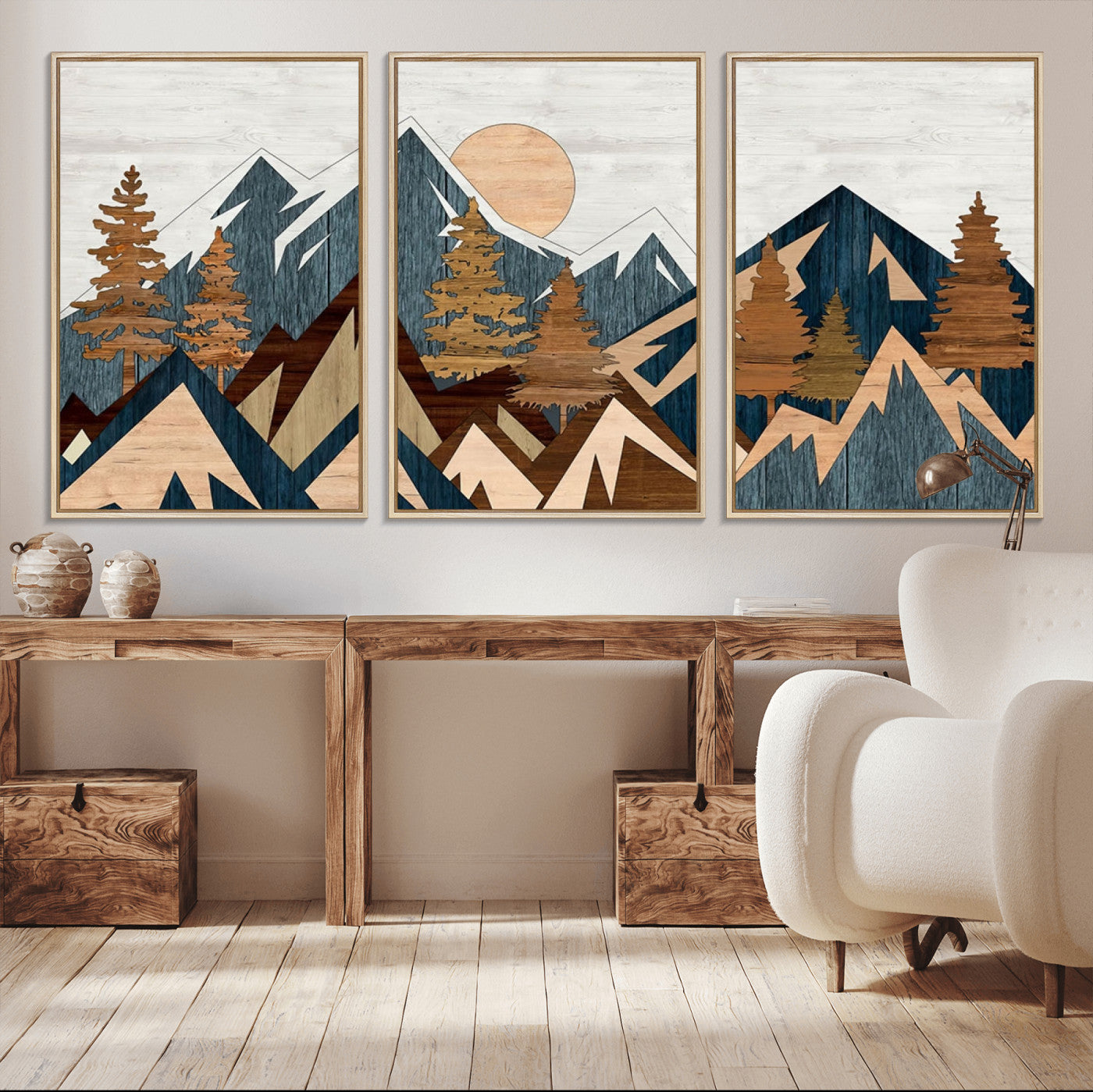 91467-MGV-FC-60X30-3P_Natural-Abstract Wood Panel Effect Mountain Range Top Wall Art Canvas Print