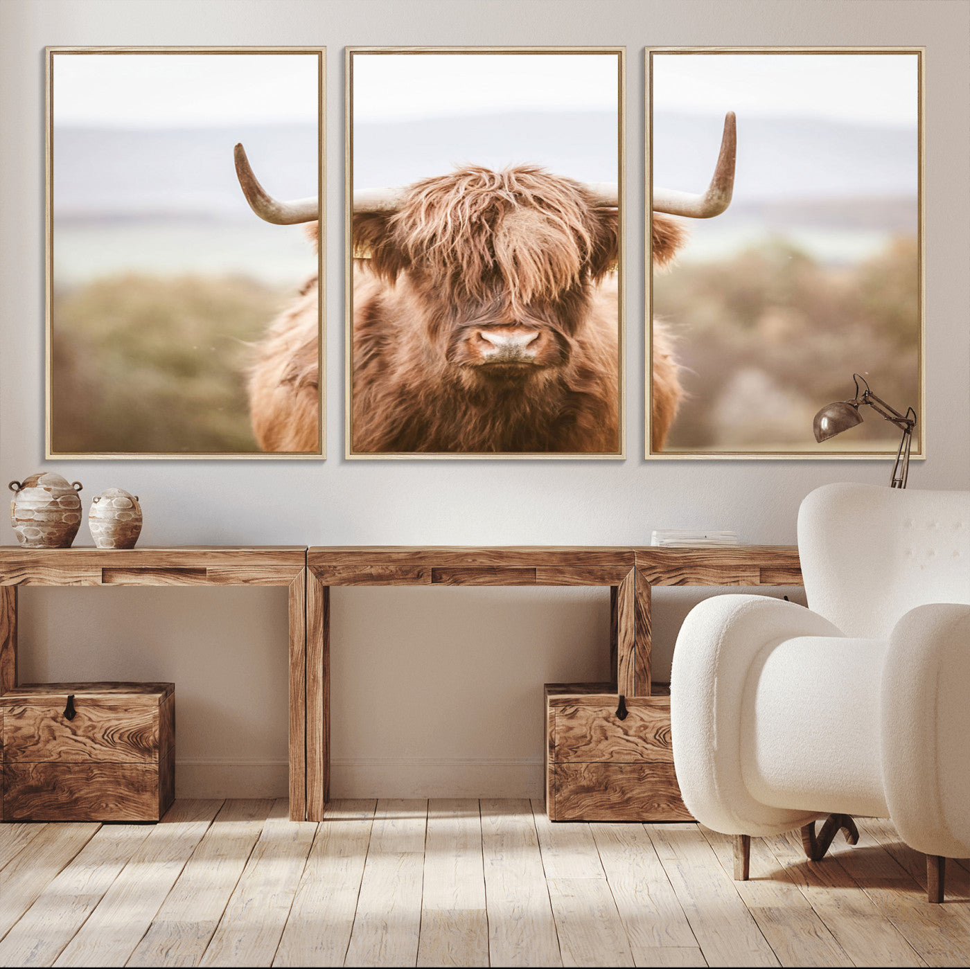 MGV-FC-60X30-3P - Scottish Serene Highland Cow Canvas Wall Art – Serene Highland Cow in Natural Pastel Tones – Ready