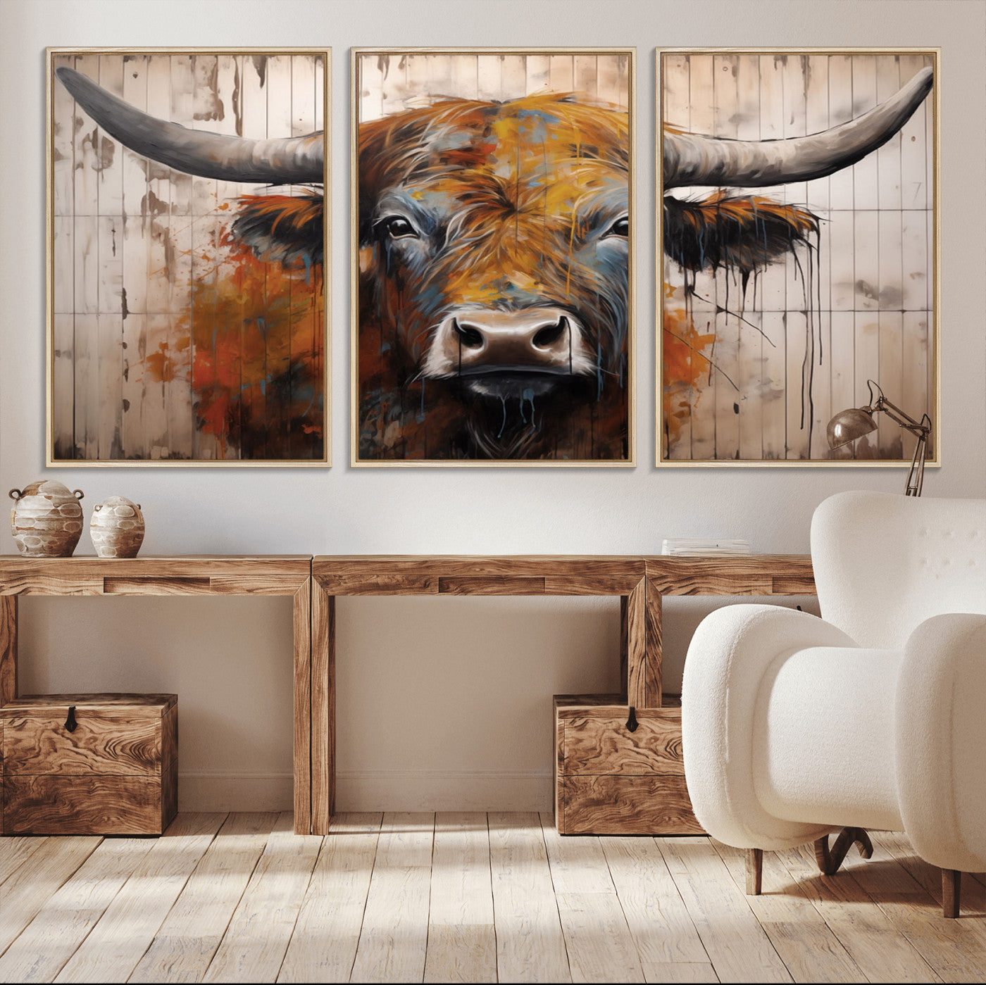 47284-MGV-CV-36X24-Scottish Highland Cow Cattle Art Print on Wood Style Background
