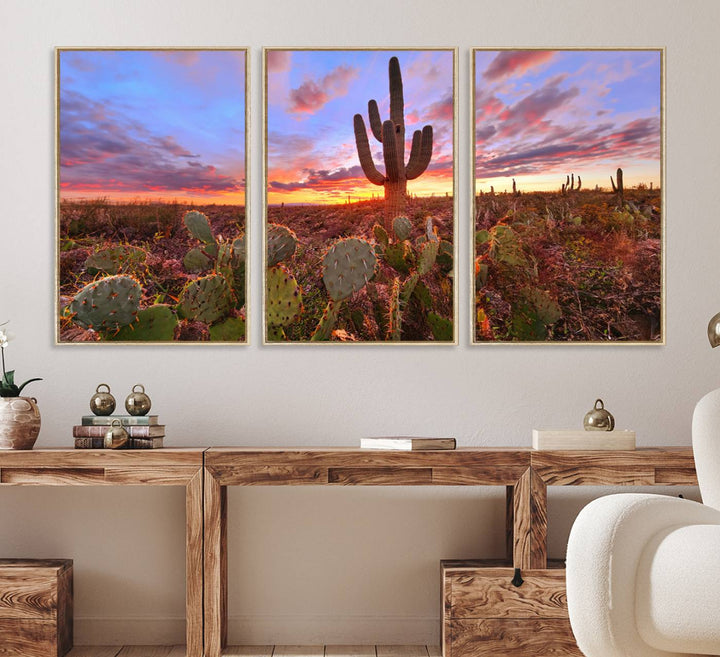 The Arizona Desert Sunset Wall Art Canvas Print featuring cacti is displayed.