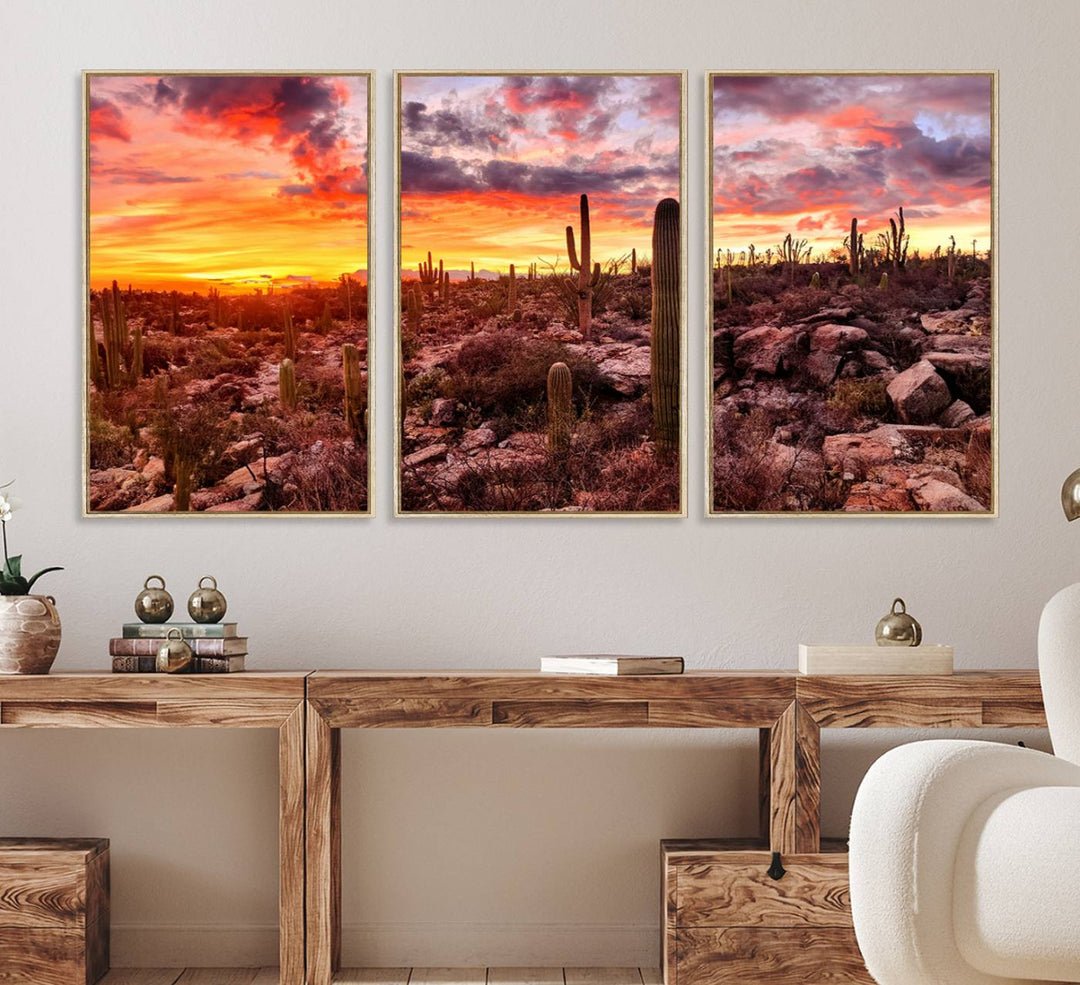 A vibrant desert sunset with cacti, perfect Western Cowboy Wall Art Print.