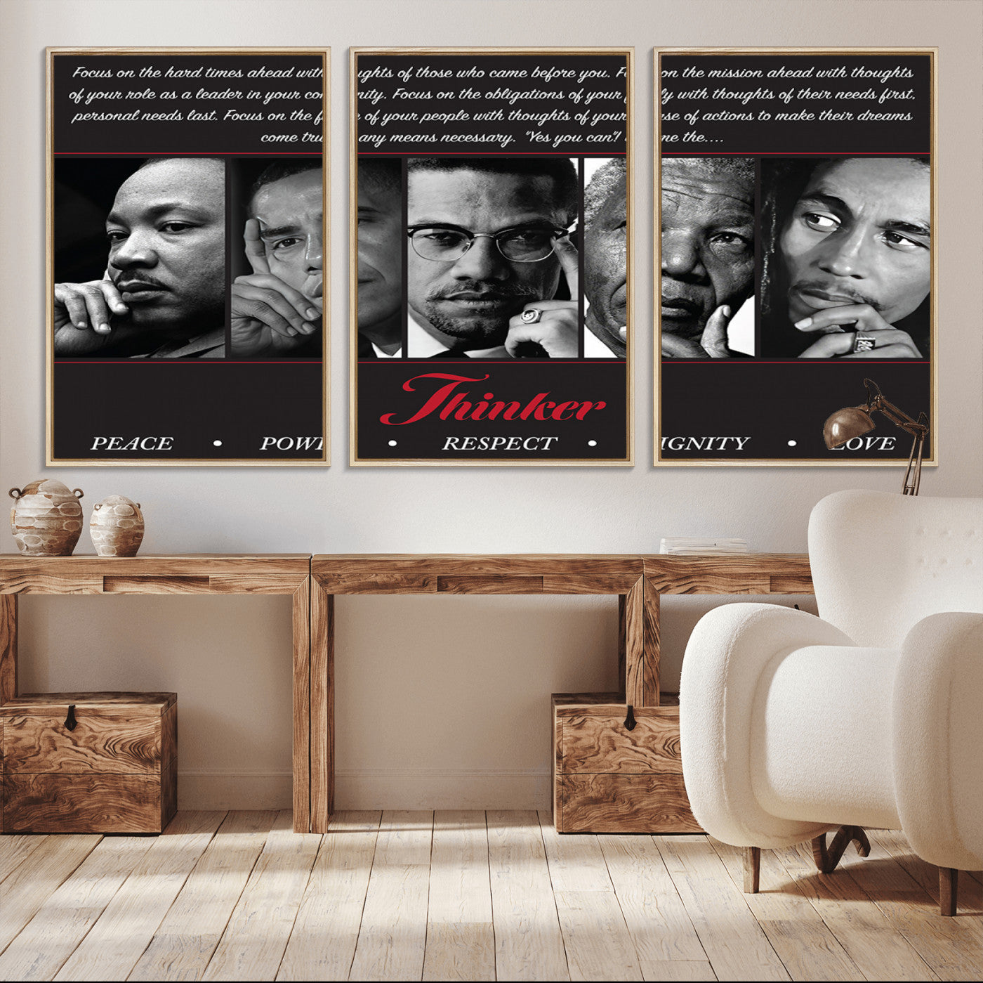 45112-MGV-CV-36X24-Thinker Quintet Canvas Wall Art – Martin, Obama, Malcolm X, Mandela, Marley Featuring Peace, Power,