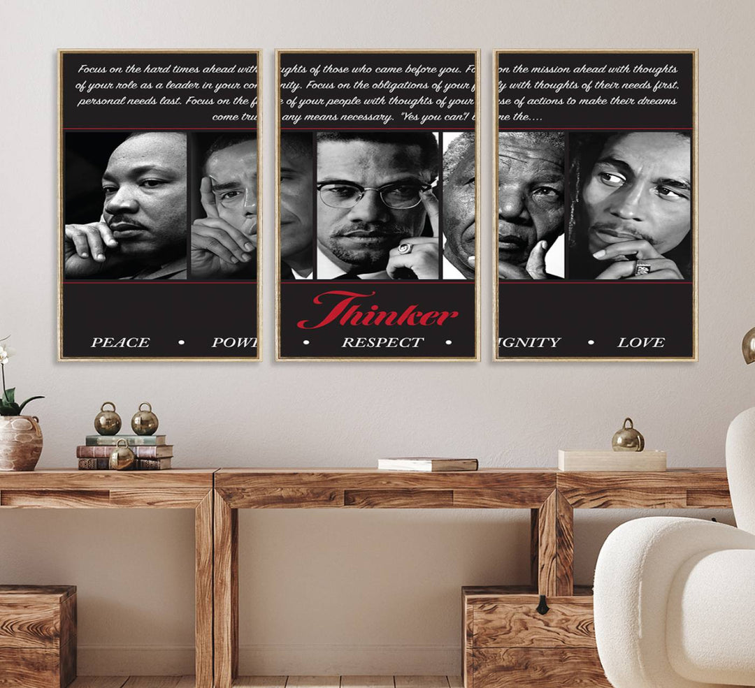 The Thinker Quintet Canvas Wall Art features portraits of Martin, Obama, Malcolm X, Mandela, and Marley, each representing virtues such as Peace and Power.