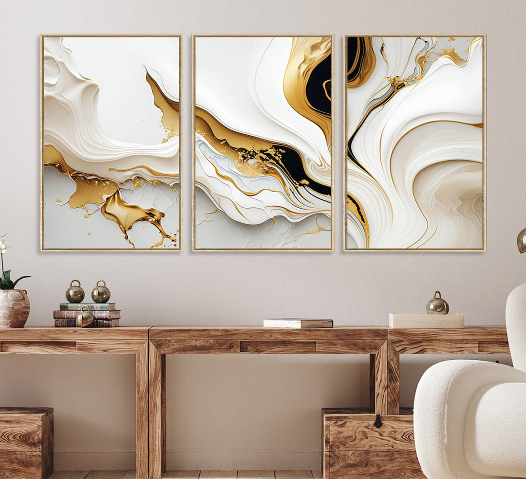 Modern interiors showcase Gold Waves on Pure White Canvas.