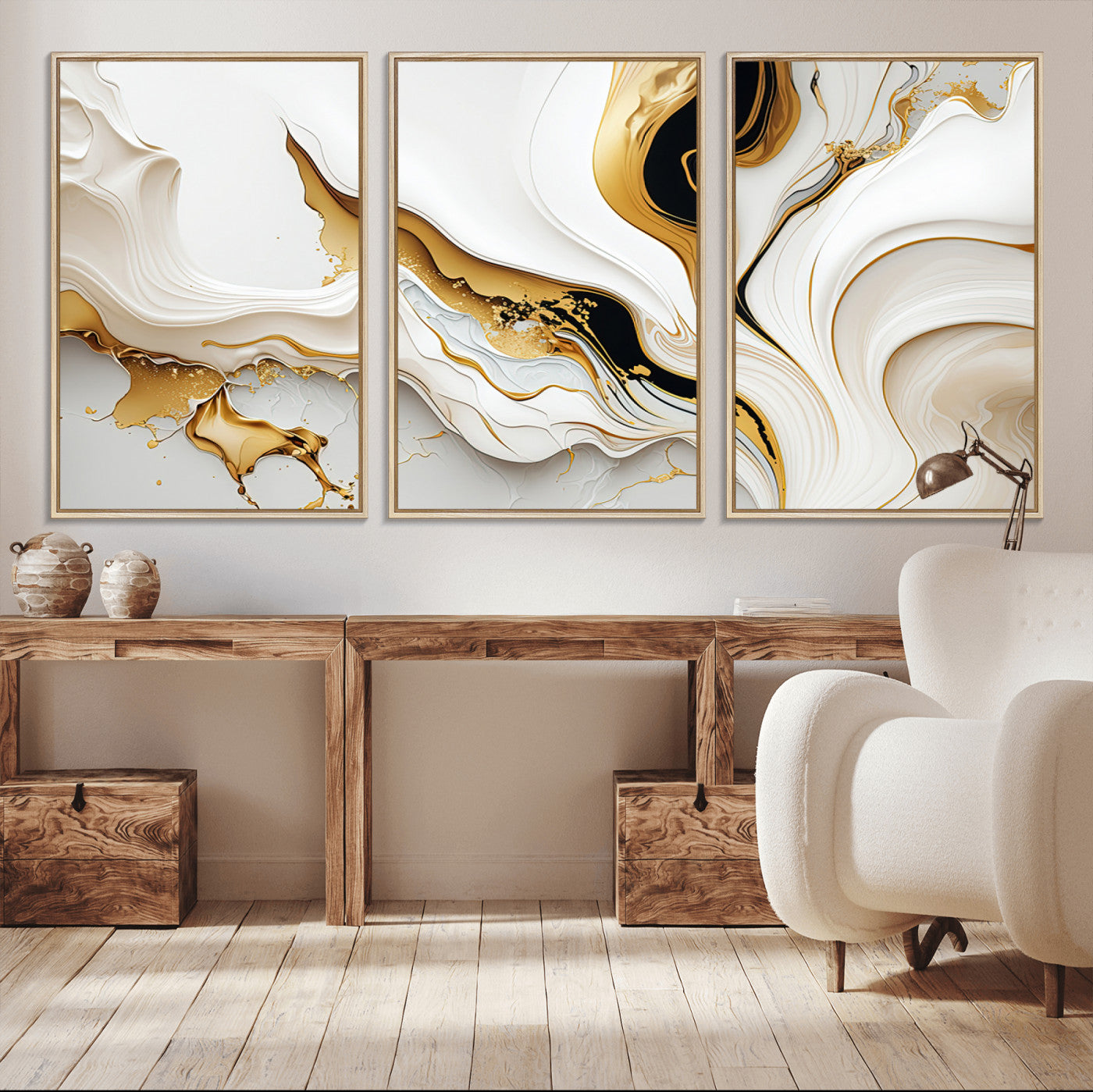 -Gold Waves on Pure White Canvas – Gold Abstract Art for Modern Interiors | Wall Art Canvas, Framed &