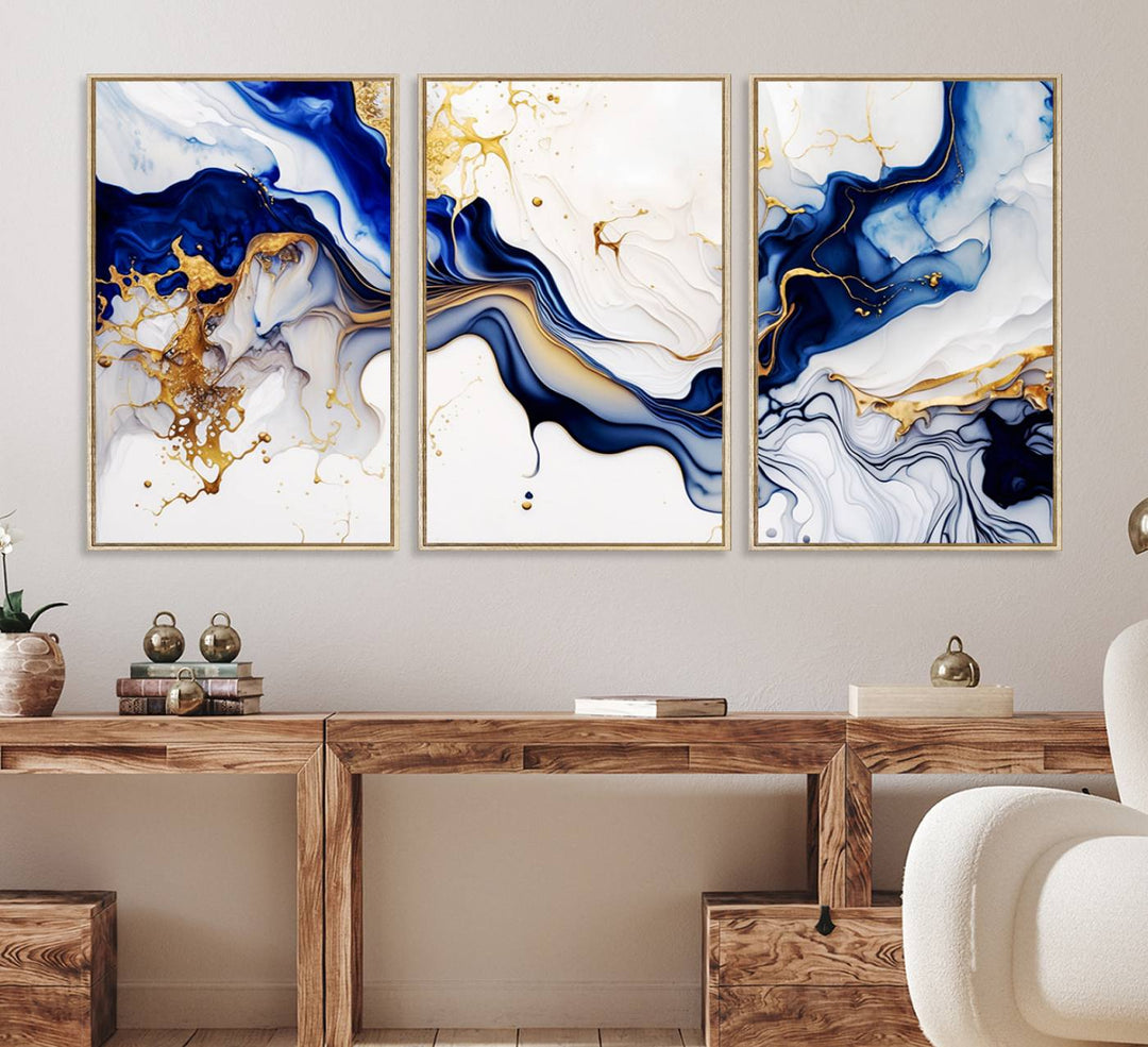 Golden Cascades on Midnight Blue wall art swirls above, featuring gold and white accents.